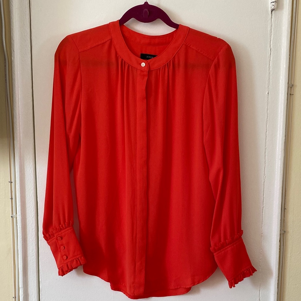 J.Crew Orange Drapey Blouse Ruffle Cuff Band Collar Top Small NWOT